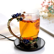 Luxury Floral Glass Mug with Heating Coaster