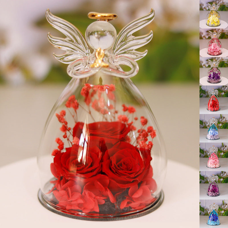 Eternal Flower Gift Box Angel Glass Cover Dried Rose Gift Box For Valentine's Day Home Decor