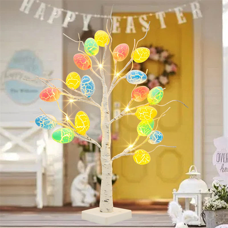 Light-up 60cm birch tree with colorful Easter egg ornaments – Perfect spring party centerpiece and home decoration.