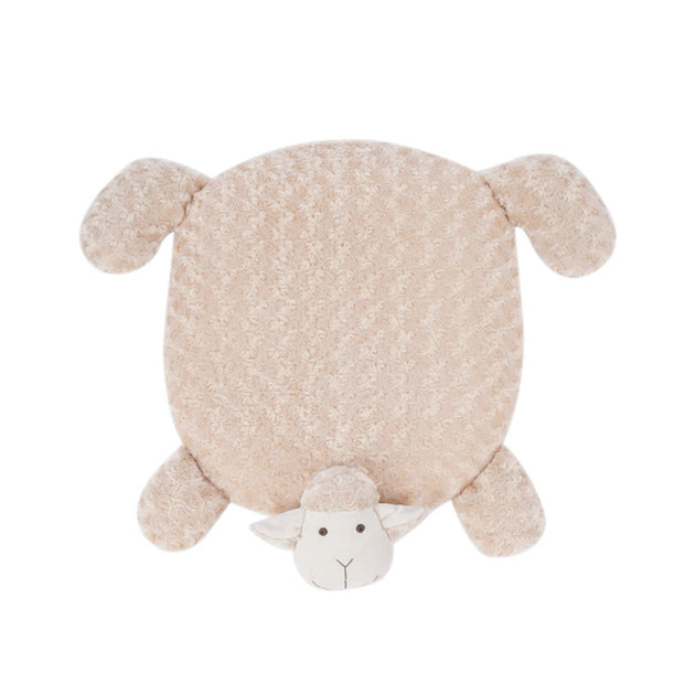 Cute cat relaxing on a soft, plush pet bed designed to look like a lamb, offering cozy comfort.