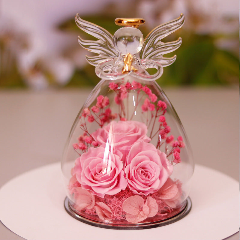 Eternal Flower Gift Box Angel Glass Cover Dried Rose Gift Box For Valentine's Day Home Decor